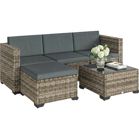 Ensemble de jardin extérieur en rotin 5 pièces avec coussins, 2 fauteuils d'angle, 1 chaise sans accoudoirs, repose-pieds et table (1/5)
