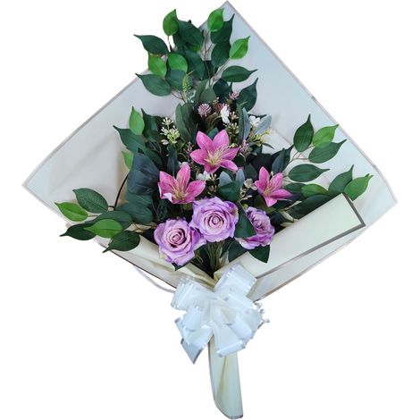 Bouquet de Fleurs artificielles pour cimetière avec Vase à Mettre dans Le Pot du Vase 78 x 63 x 20 cm (lys et Roses Violets) (1/4)