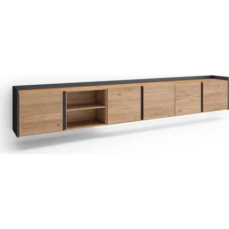 Skraut Home - Mobile TV Soggiorno, Ampio spazio a disposizione, 309x35x50cm, Per TV fino a 80", Sospeso, da appendere, LED, Stile moderno, Rovere e nero (1/5)