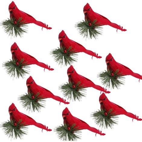 Juego de 10 adornos de cardenal rojo, decoración para árbol de Navidad con clip de metal, rama de pino artificial para corona. (1/5)
