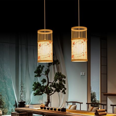 Suspension LED style chinois en bois tressé, luminaire zen suspendu avec abat-jour en imitation peau de mouton, pour la maison, l'hôtel ou le salon de thé, 111 V à 240 V (1/5)