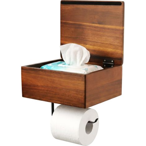 Porte-papier toilette avec boîte à lingettes humides, porte-papier toilette en bois, support mural, boîte de rangement pour papier toilette humide, porte-papier toilette avec étagère pour salle de (1/5)
