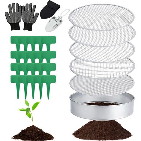 Tamis de jardin rond 5 en 1 en acier inoxydable de 20 cm, avec 5 tamis interchangeables de 3,6, 9, 10,12 mm, tamis à compost rond en métal, avec pelle de jardin et 20 étiquettes pour plantes, 1 paire (1/5)
