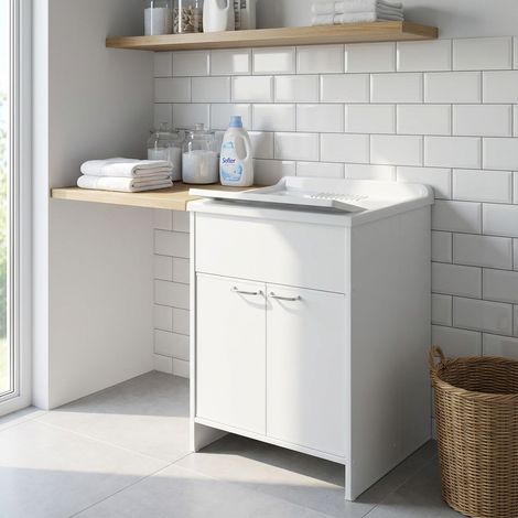 Lavabo en PVC blanc avec bonde autonettoyante et vidange 60x50x85H cm (1/5)