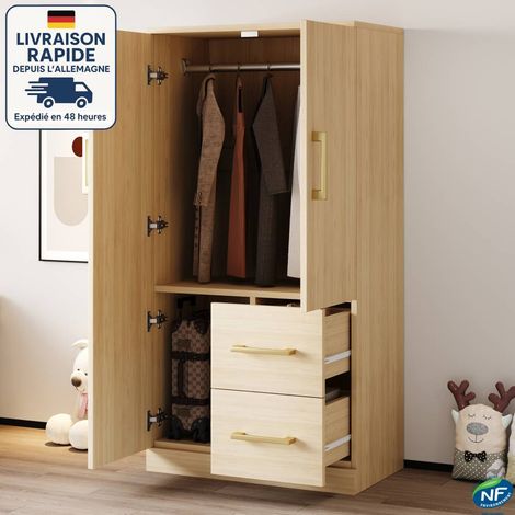 Armoire avec tringle à vêtements, meuble haut d'entrée chambre, meuble de rangement, 2 portes 2 tiroirs, 70x40x135 cm, en bois, naturel (1/5)