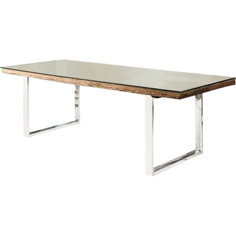 Tavolo da pranzo RAFTA 180 cm – Piano in legno riciclato e vetro temperato, struttura in metallo