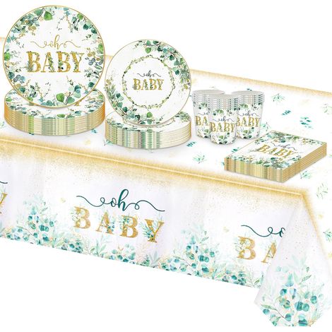 Assiette Jetable Decoration, Sauge Vert Eucalyptus Papier Assiette Jetable Gobelets Serviette Nappe pour Fête Garçon Fille Baby Shower Gender Reveal Party (16 Invités) (1/5)
