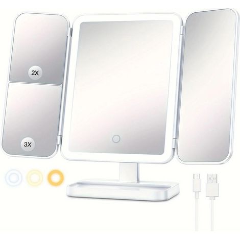Miroir de maquillage LED, miroir grossissant rotatif, miroir pliable à trois faces, idéal pour le maquillage et les soins de la peau. (1/5)