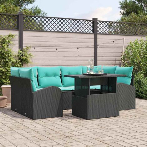 Salon de jardin modulable 7 pièces en poly rotin et acier noir et turquoise - PANGIVO (1/5)