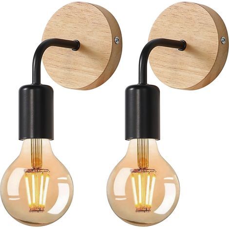 2 Vintage-Wandleuchten im Industriestil – Wandlampen aus Holz, E27-Fassung, Retro-Innenbeleuchtung für Schlafzimmer, Flur, Wohnzimmer, Schwarz (1/5)