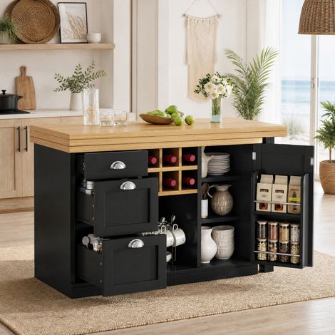 Multifunktionaler Bartisch aus schwarzem MDF mit Flaschenfach, Schublade und ausziehbarer Platte (1/5)