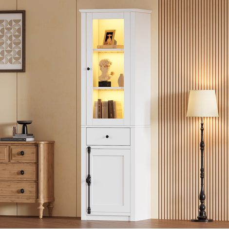 MEUBLIV Vitrine haute blanche 55x40x200 cm avec LED, 1 tiroir et 2 portes (1/5)