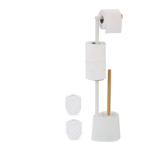 Serviteur WC, Bambou, Acier Inoxydable, Support à Poser, Brosse et Porte-Brosse, Blanc (1/5)
