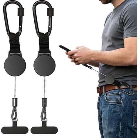Ensemble de 2 dragonnes antivol rétractables pour téléphone - dragonne de sécurité en acier avec mousqueton et clip rotatif à 360° - idéale pour la randonnée, les festivals et les activités de plein a (1/5)