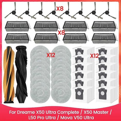Zubehörset für Dreame X50 Ultra Complete/X50 Master/L50 Pro Ultra/Mova V50 Ultra: Bürste, Filter, Reinigungstuch und Staubbeutel.