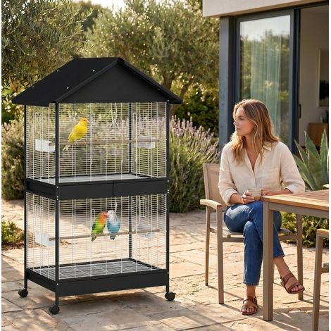 Grande volière pour oiseaux avec paroi amovible, 2 portes, 4 mangeoires et roulettes (1/5)