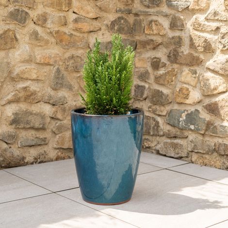 Pot grande taille d'extérieur MAZARIN 27x34cm bleu azur, fait main en terre cuite émaillée, résistant au gel (1/5)