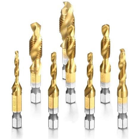 BUNTHAUS 8 Pièces Combinaison Drill Foret Mèche HSS à tige Hexagonale M3M10 Filetage Vis Robinet Titane placage Couleur de cuivre (1/5)