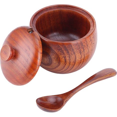 Boîte à sel en bois avec couvercle et cuillère, pot à épices vintage, ustensile de cuisine (1/5)