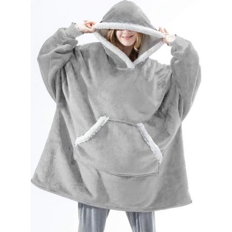 Wearable Robe Couverture Polaire en Peluche à Manches Plaids Flannel Hoodie Couverture Chaud Sweat à Capuche pour Adultes Gris (1/2)