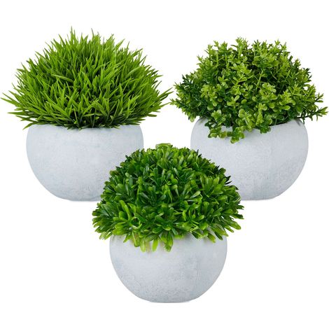 Relaxdays Set da 3 Piante Finte da Interno, Piantine Artificiali Realistiche in Vaso, Piccoli Cespugli, Verde Grigio