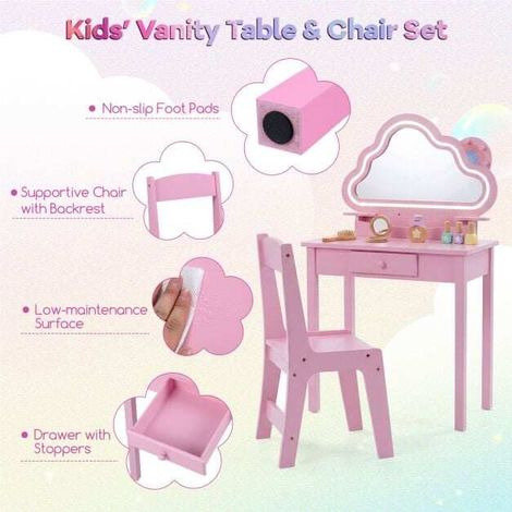 Coiffeuse enfant rose avec miroir nuage LED et tabouret, tiroir et rangements, convertible en bureau pour chambre, jeux et devoirs (1/5)