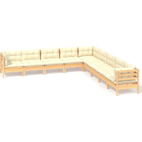 Muebles de jardín Muebles de exterior Juego de muebles de 9 piezas con cojines color crema de madera maciza de pino (1/5)