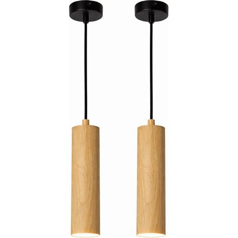 Lot 2 suspensions tube modernes réglables aluminium effet bois Ø20 cm