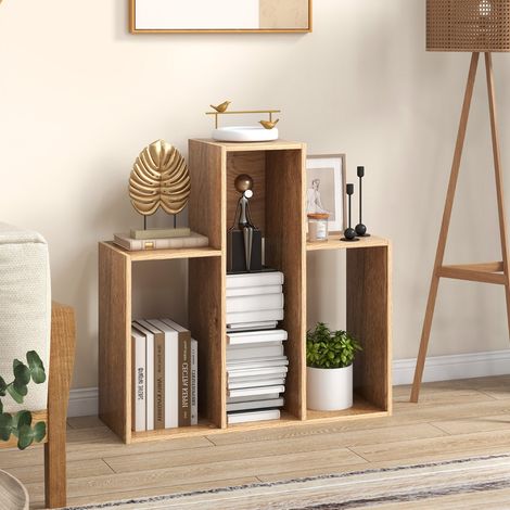 Bibliothèque Convexe Étagères à 3 Niveaux Meuble de Rangement avec Compartiments Ouverts Forme T 29,5 x 84 x 83,5 cm Naturel (1/3)