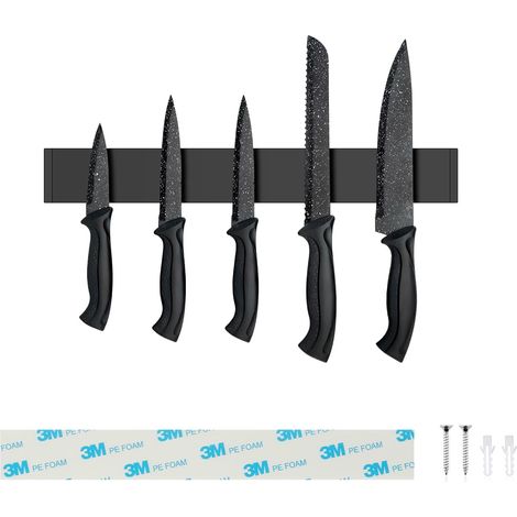 Porte Couteaux Aimanté 30cm, INOX Aimant Couteau Mural, Barre Aimantée pour Couteaux et Ustensiles, Barre Magnétique sans Perçage pour Cuisine, Noir (1/5)