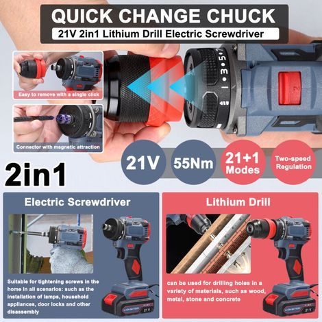 Perceuse-visseuse sans fil 21 V lithium, moteur brushless 55 Nm – idéale pour meubles, électroménager et électronique (1/5)