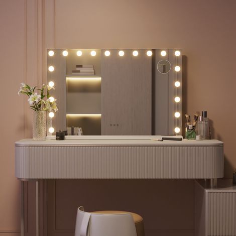 LED Schminkspiegel 90x60 cm – Hollywood Spiegel Kosmetikspiegel mit Beleuchtung, 3 Lichtfarben dimmbar, abnehmbare 10-fach Vergrößerung, Tisch- & Wandspiegel, weiß (1/5)
