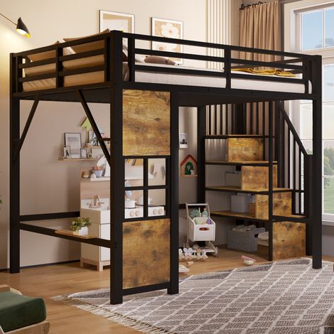 Cama alta, 140 x 200 cm, estructura de hierro, escalera de almacenamiento, espacio de almacenamiento abierto bajo la cama, ventana, barandilla de seguridad, colchón no incluido, color negro. (1/5)