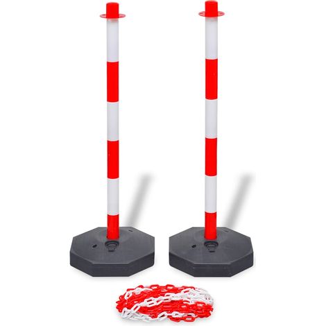 Poteaux de balisage avec chaîne 10 m en plastique PE, rouge et blanc, lot de 2 - PANGIVO (1/3)