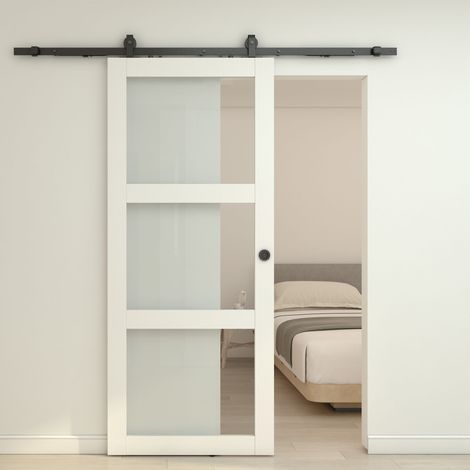 Holzschiebetür Komplettset 900x2150 Weiß Landhausstil mit Glaseinsatz und schwarzem Beschlag inkl. Softclose (1/5)