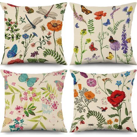 Kissenbezug mit Blumenmuster, 40 x 40 cm, 4er-Set, frische Blumen, grüne Blätter, beige Sofakissenbezüge, waschbarer Leinenstoff, Kissenbezug (1/5)