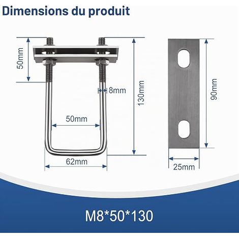 Boulons en U, Bride de Fixation, Fixation Coffre de Toit, Plancher Marine Remorque, Carrés (1/4)