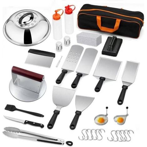 Spatule de Barbecue Ustensiles Set 32Pcs en Acier Inox Ensemble d'accessoires pour Plaque de Cuisson Professionnelle Teppanyaki