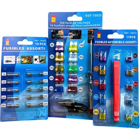 Kit complet de fusibles pour voiture, moto comprenant des fusibles plats, cylindriques, pince et testeur (1/4)