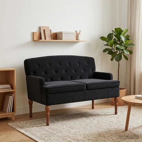 Canapé 2 places en velours noir avec dossier capitonné et coussin amovible 111 x 65 x 79 cm - PANGIVO (1/5)