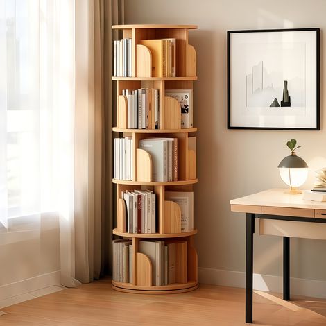 Libreria girevole a 360° con 5 ripiani, libreria salvaspazio per piccoli ambienti, mobile contenitore in MDF - Naturale (1/5)
