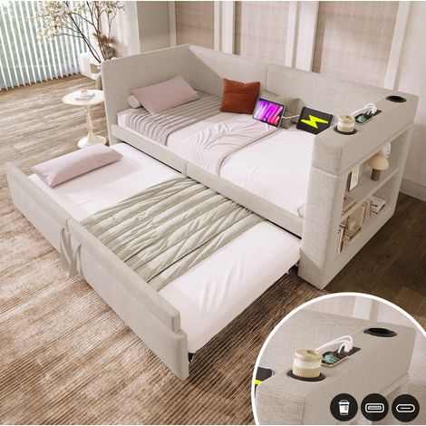 Divano letto 90x200 cm beige con letto estraibile, USB, salvaspazio, senza materasso – MEUBLIV (1/5)