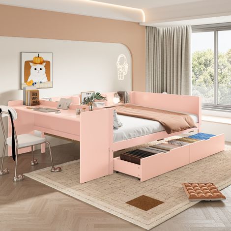Cama infantil 140x200 cm con 2 cajones, escritorio, 3 estantes, sin colchón, rosa (1/5)