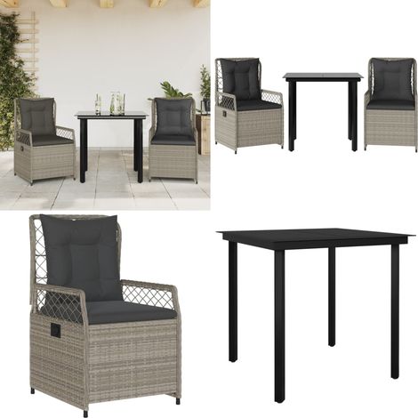 3-tlg. Garten-Essgruppe mit Kissen Hellgrau Poly Rattan - Gartenstuhl - Gartentisch (1/5)