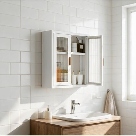 Mobile bagno pensile 2 ante con ripiano regolabile 40 x 14 x 50 cm bianco DESVIAE (1/5)