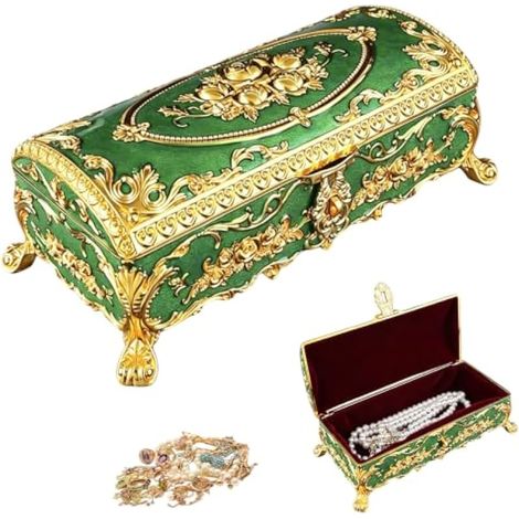 Bote à Bijoux, Grande Bote à Bijouxs Vintage en Métal Rangement à Bijoux Rectangulaire pour Boucles D'Oreilles Montres Bagues Colliers (Vert) (1/5)