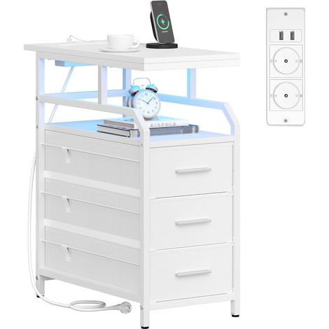 Table d'appoint avec Multiprise, Table de Chevet avec Lumière LED, Tables de Nuit avec 3 Tiroirs, 2 Prises CA et 2 Ports USB, pour Salon, Chambre (1/5)