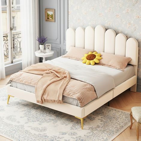 Lit adulte 140x200 cm - équipé d'un sommier à lattes, d'une tête de lit réglable, trois hauteurs et de pieds en métal, Lit double 140x200 cm - beige (1/5)