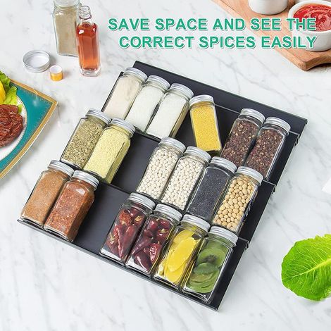 Adjustable plastic spice rack, drawer insert, 24 spice compartments for kitchen, countertop, cabinet, shelf, 3 tiers, black (1/5)