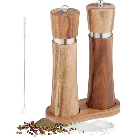 moulin à sel et poivre, lot de 2, manuel, support, broyeur en céramique, bois d'acacia, inox, marron/argent (1/5)
